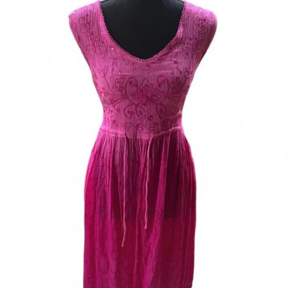 Raya Sun Vintage Pink Crinkle Gauze Boho Midi Dress Embroidered Sequin S Fits L